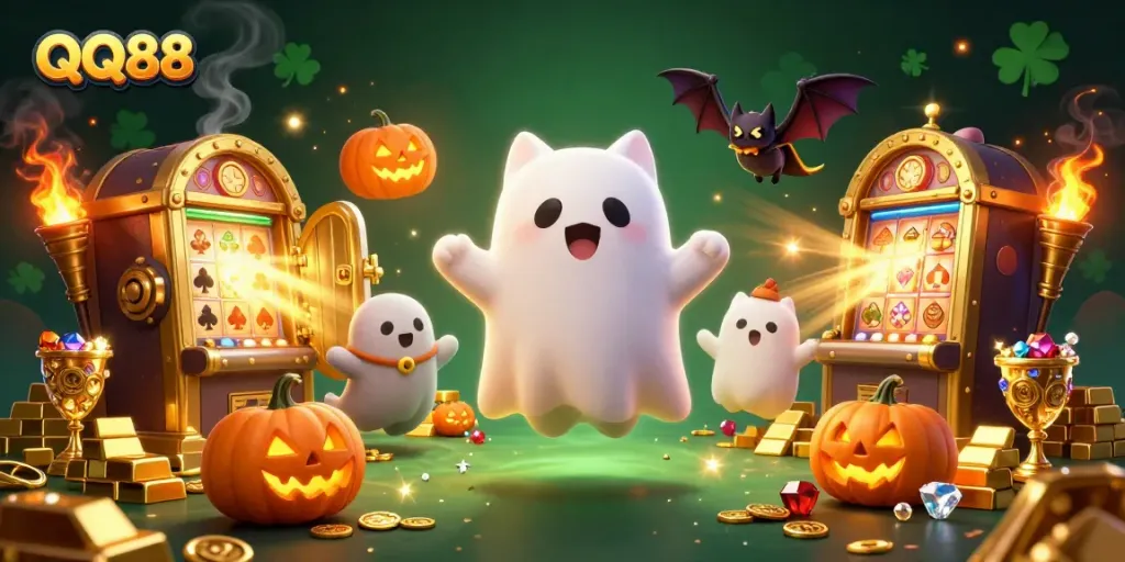 Experience thrilling wins at QQ88 with a ghost cat, bat, and immense treasure in a haunted casino.