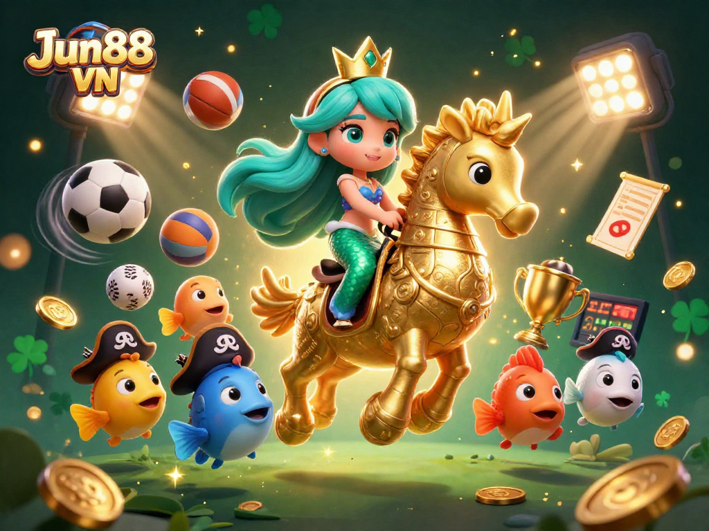 Play exciting games with Jun88 VN, showcasing vibrant characters and engaging sports elements in a dynamic casino scene.