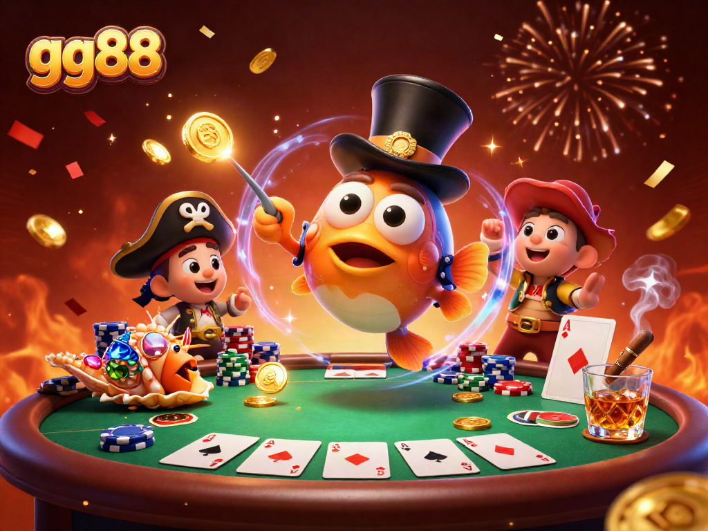 Engage with gg88 in a vibrant underwater casino scene featuring playful characters and poker elements.