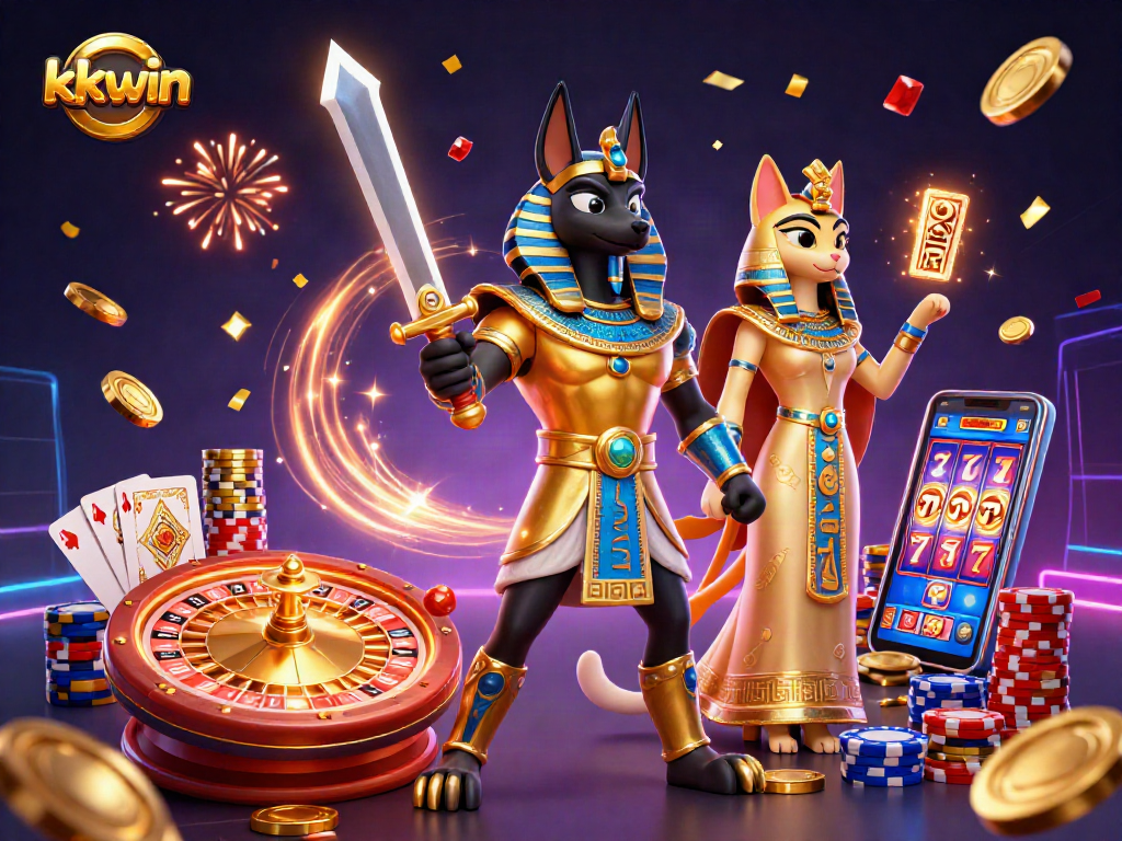 Engage with the kkwin casino scene featuring Anubis and Bastet amidst golden coins and gaming elements.