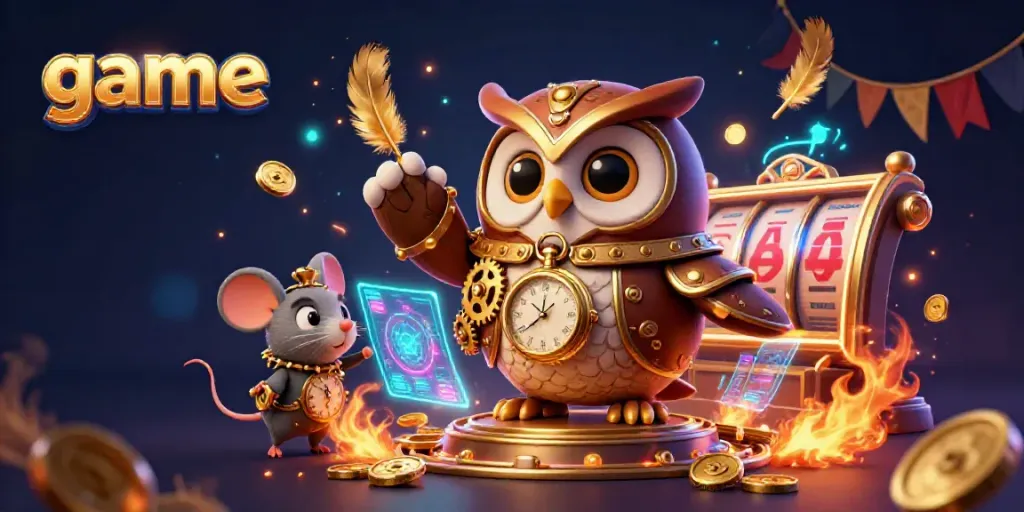 Experience thrilling game adventures with a steampunk owl in a vibrant casino setting.