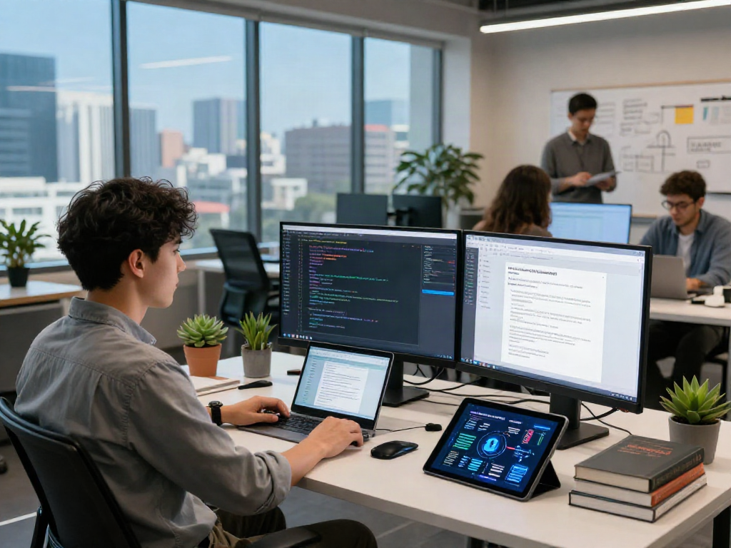 Engineers analyzing document fraud detection software in a modern tech workspace.
