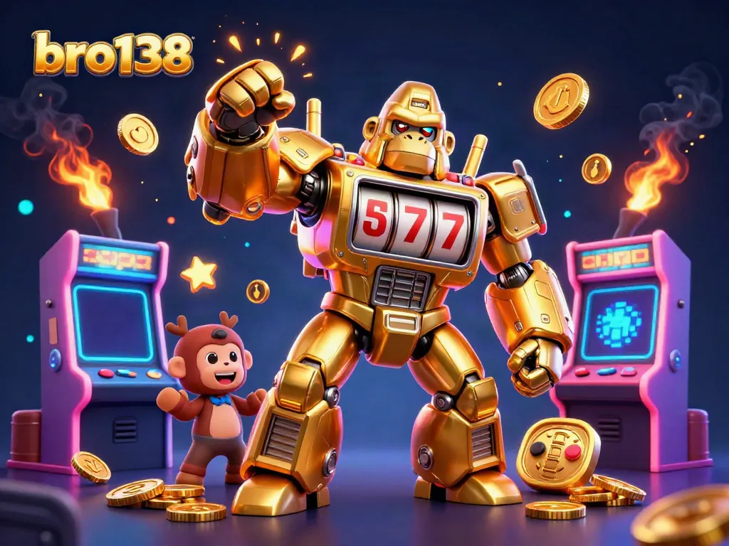 Engage with Bro138's golden gorilla mech in a vibrant casino-themed 3D illustration, showcasing thrilling slot game symbols.