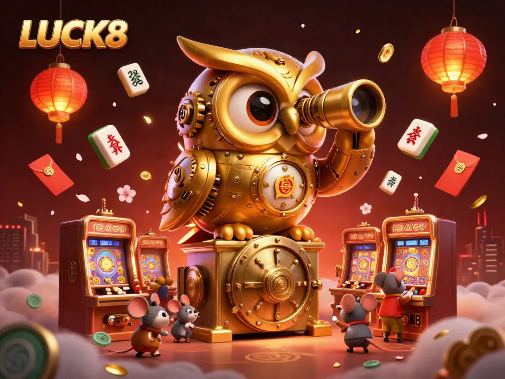LUCK8 showcases a vibrant casino scene with a golden owl and charming mouse patrons among lively game elements.