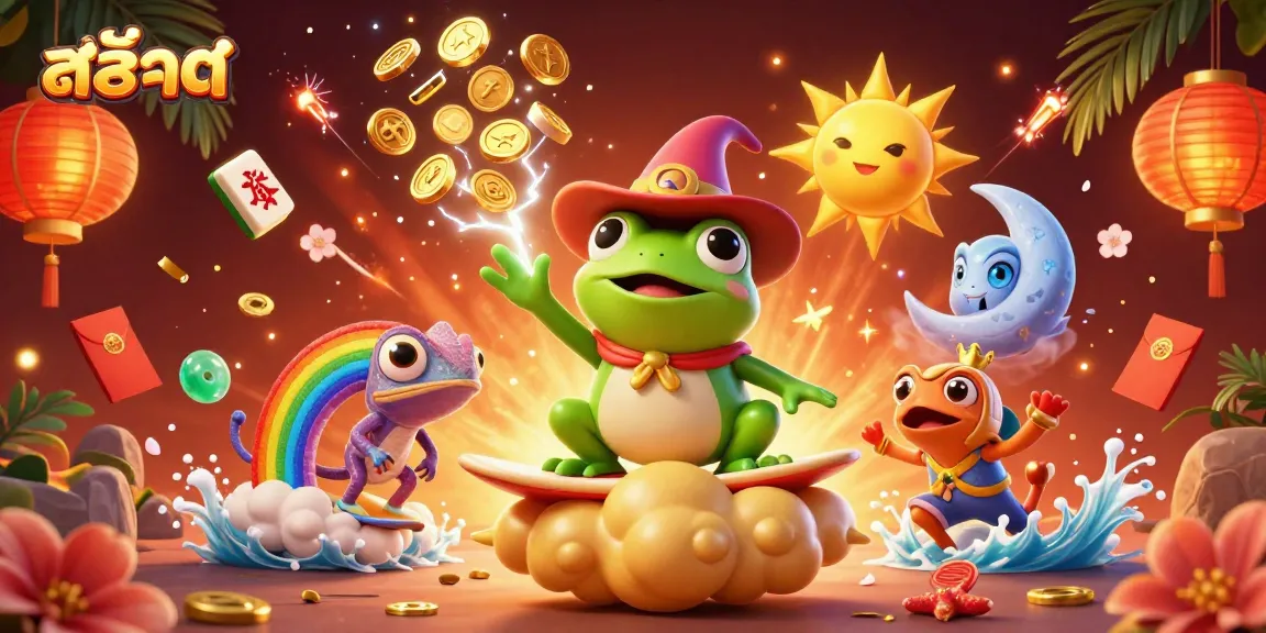 Experience exciting สล็อต gaming with a whimsical scene of a wizard frog and chameleon amidst golden coins and vibrant elements.