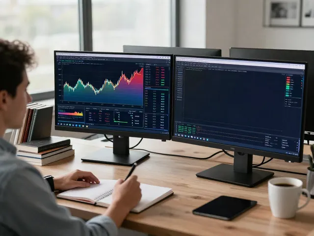 Trader using MetaTrader 5 on dual monitors with financial charts in a modern workspace.