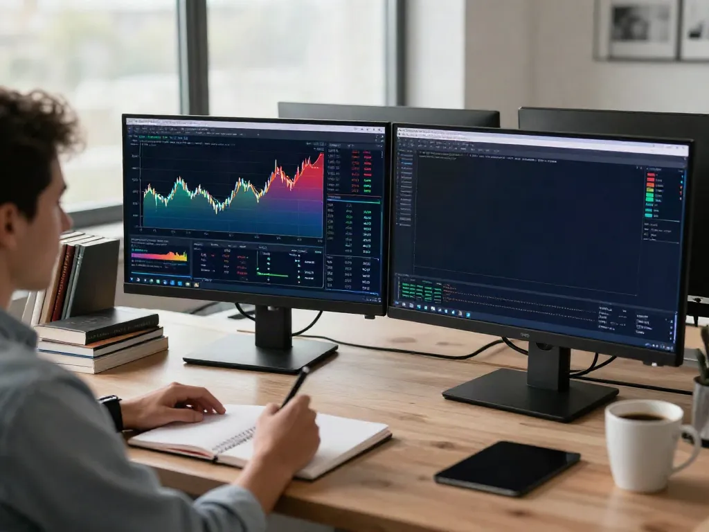 Trader using MetaTrader 5 on dual monitors with financial charts in a modern workspace.