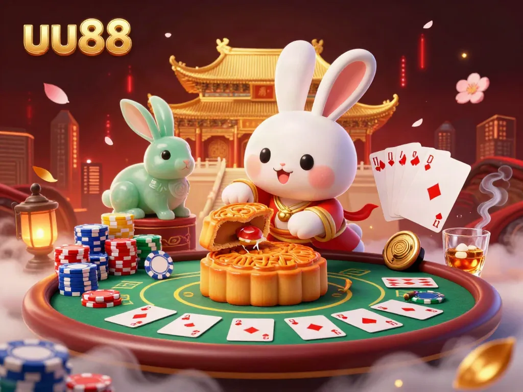 Experience the thrill of uu88 with a vibrant 3D illustration of a moon rabbit and poker elements.