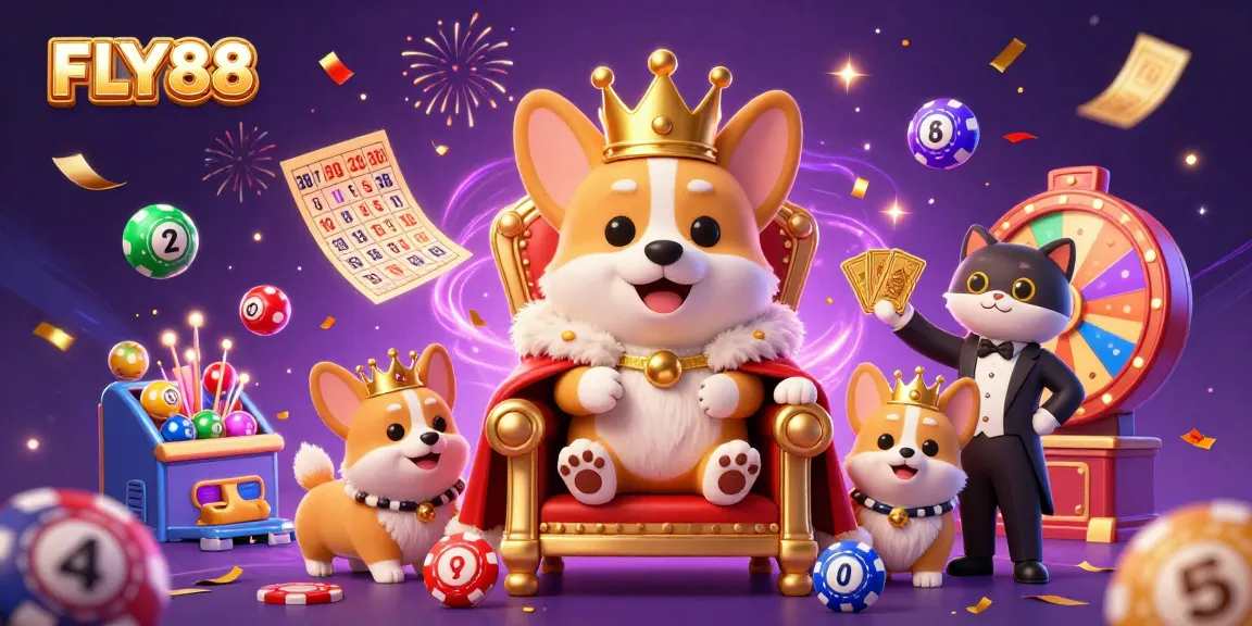 Experience FLY88 with vibrant lottery elements and a playful royal corgi in a casino-themed scene.