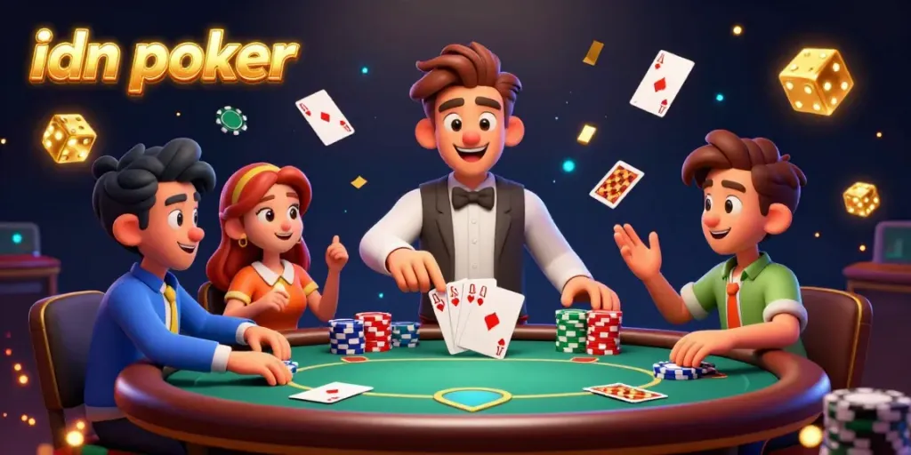 Experience idn poker's excitement with vibrant characters at a lively poker table full of action and dynamic game elements.