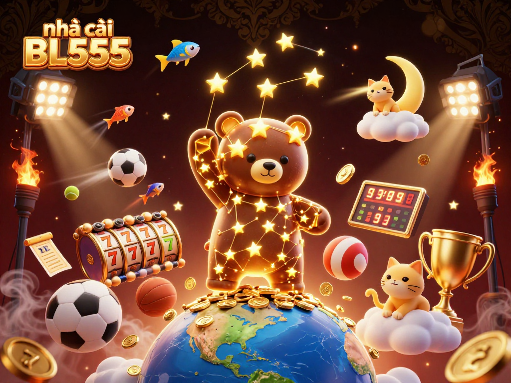 Experience the excitement of nhà cái BL555 with a vibrant 3D illustration featuring casino slots and golden rewards.