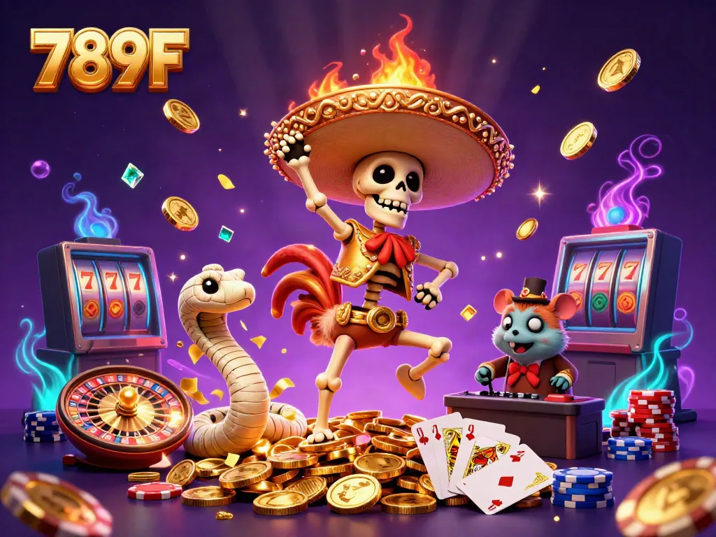 Experience the vibrant gaming world of 789F with lively characters in a casino scene, celebrating a jackpot win.