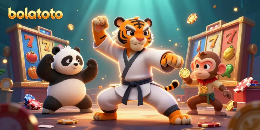 Engage with bolatoto's vibrant slots scene featuring a kung fu tiger, panda, and sneaky monkey.