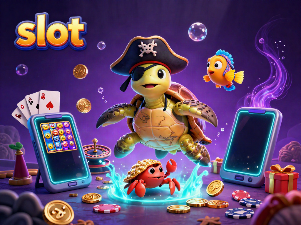 Experience thrilling slot fun with a cartoon turtle, crab, and fish exploring treasures and games
