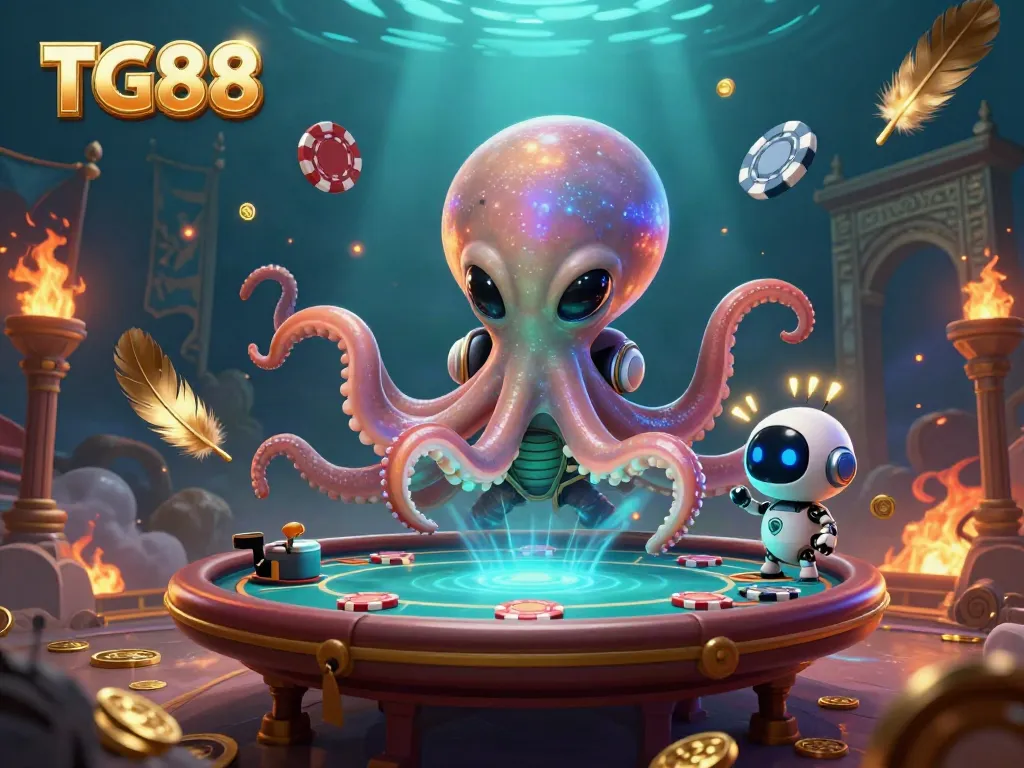 Experience interactive poker gameplay with TG88, featuring an alien octopus at a holographic table surrounded by dynamic gaming elements.