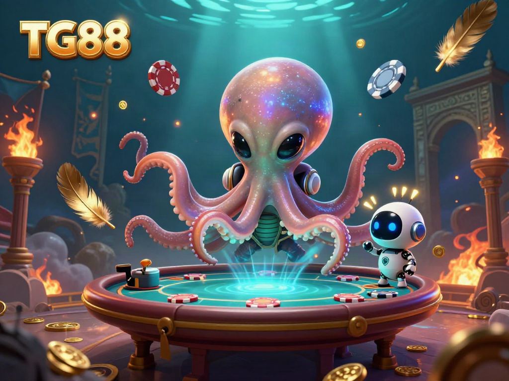 Experience interactive poker gameplay with TG88, featuring an alien octopus at a holographic table surrounded by dynamic gaming elements.