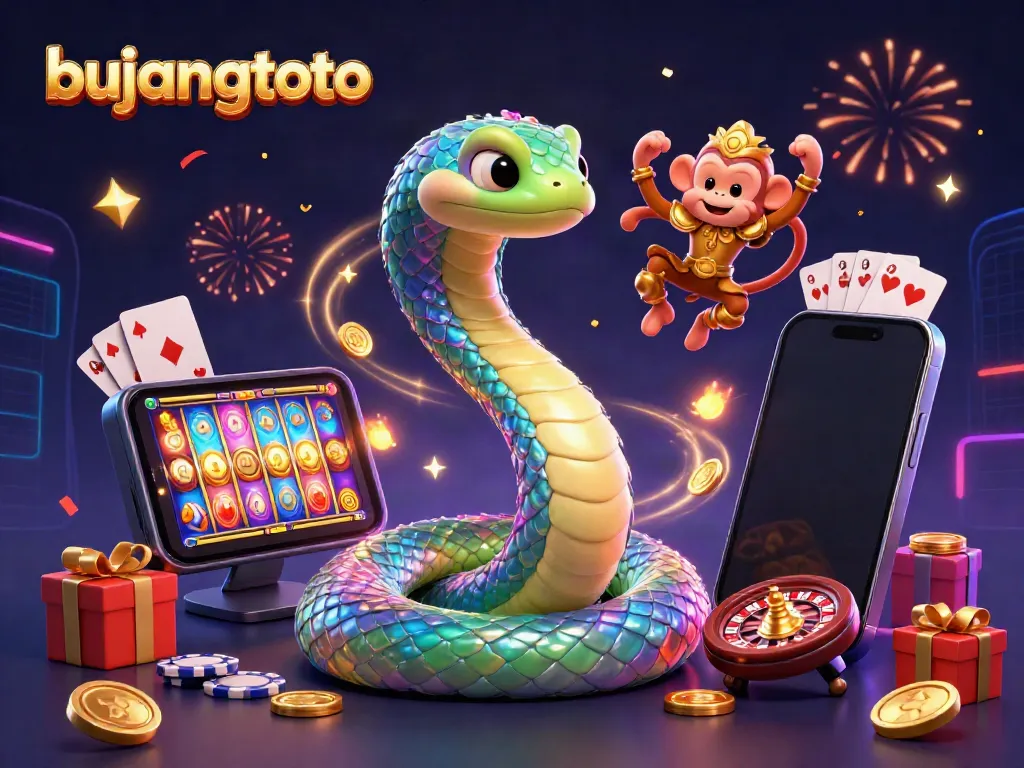 Engage with bujangtoto's vibrant casino scene featuring a rainbow serpent and monkey king amidst gambling excitement.