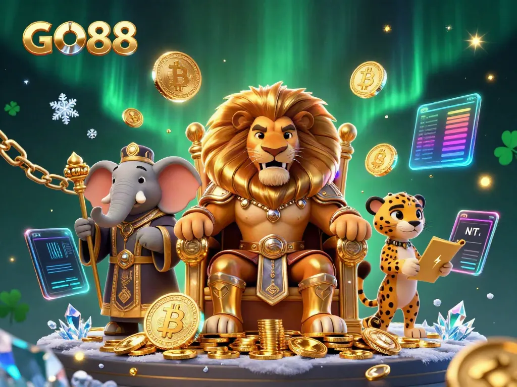 Experience the GO88 gaming empire with a majestic lion king ruling over a treasure-filled throne.