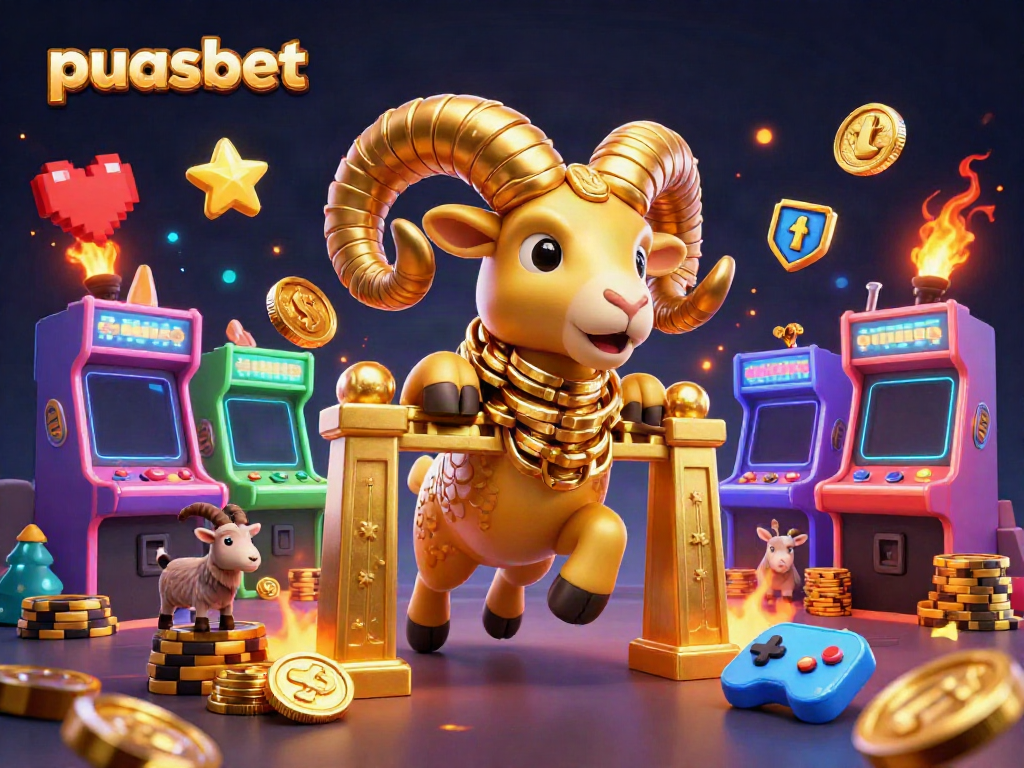 Puasbet menghadirkan ilustrasi kasino digital dengan domba emas berukuran besar yang bertujuan menambah keseruan bermain.