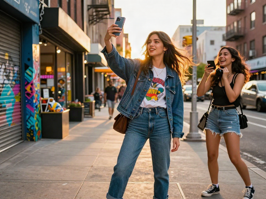 Young woman who looks like a celebrity posing in a vibrant urban scene.