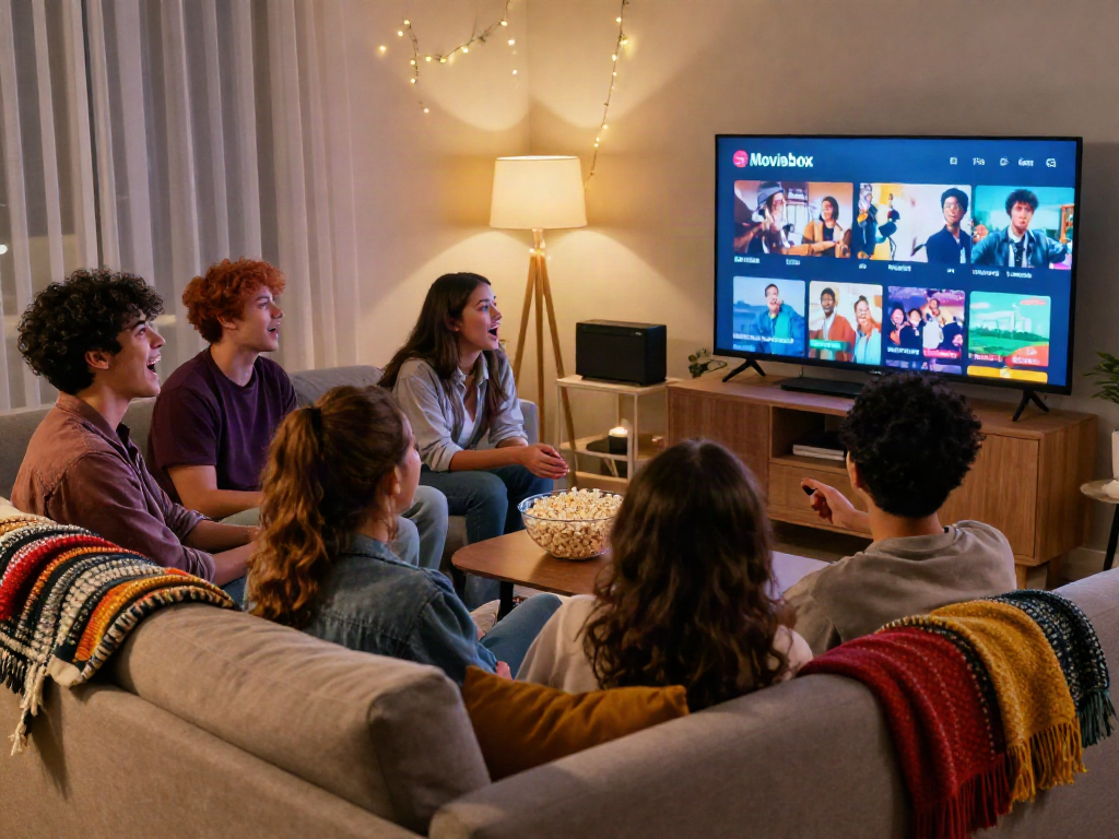 Group of friends enjoying movie night on the Moviebox app in a cozy living room setting.