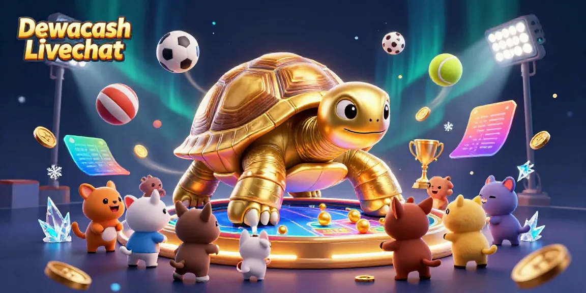 Engage with Dewacash Livechat in a vibrant, animated casino scene featuring a unique pinball tortoise.