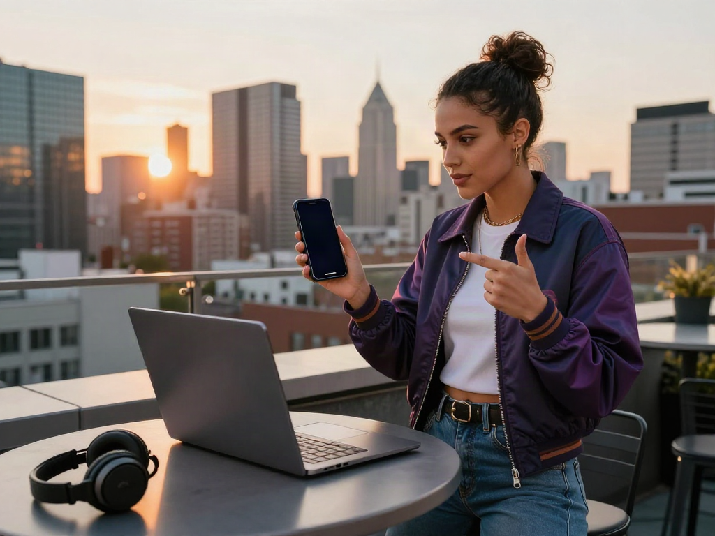 Confident influencer promoting Roma Army OnlyFans on a rooftop terrace with city skyline.