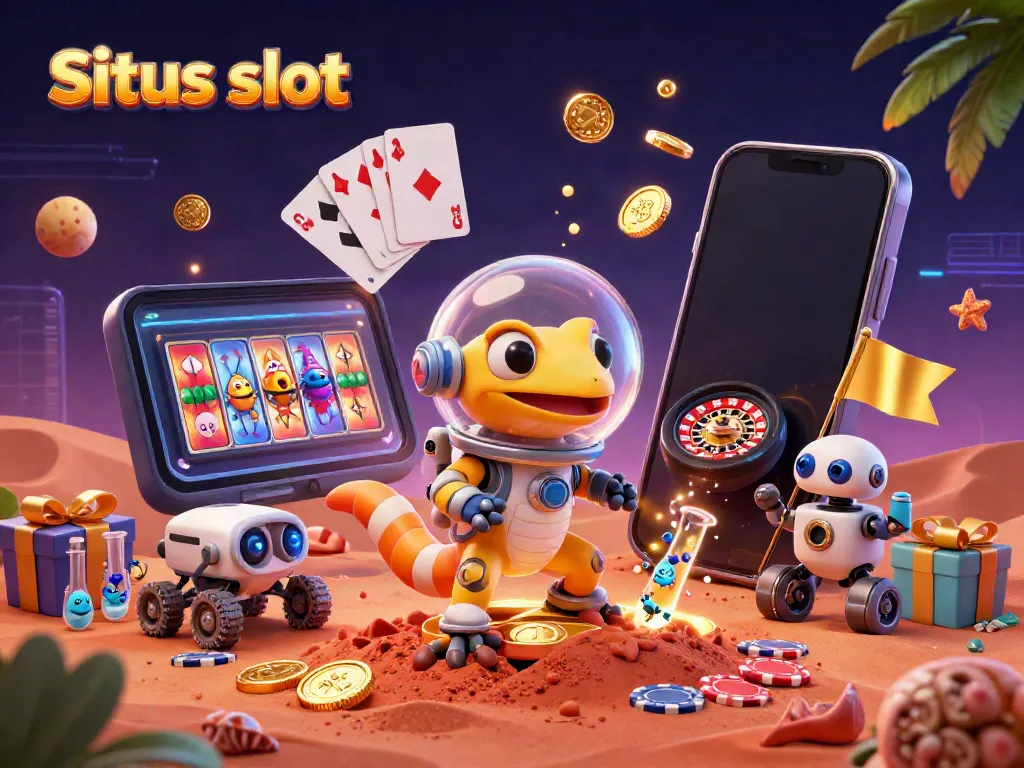 Experience the thrill of Situs slot with a Martian gecko exploring a golden casino on Mars, surrounded by vibrant gaming elements.