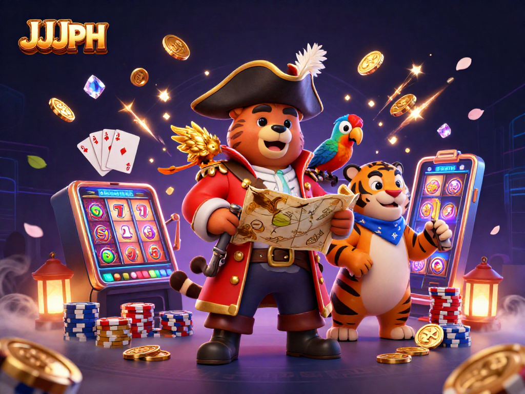 Experience casino excitement with JJJPH's vibrant pirate-themed 3D illustration featuring slot machines and engaging characters.