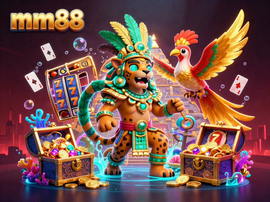 Experience the thrill of mm88 with a vibrant illustration showcasing a Mayan jaguar priest and gaming elements.