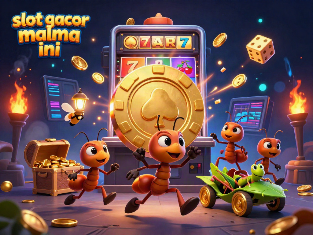 Experience the excitement of slot gacor malma ini with ants heisting a giant poker chip in a vivid casino scene.