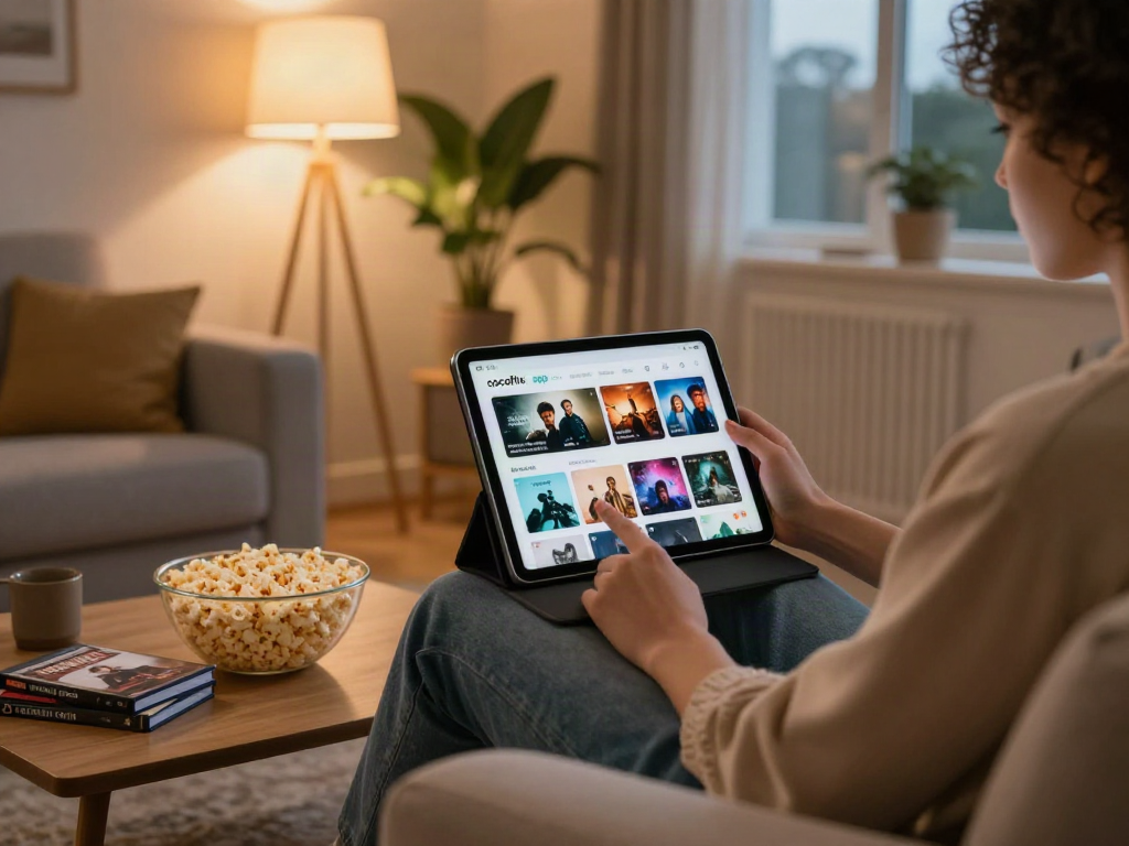 Engaging living room scene with a person using the cocoflix apk on a tablet, cozy atmosphere.