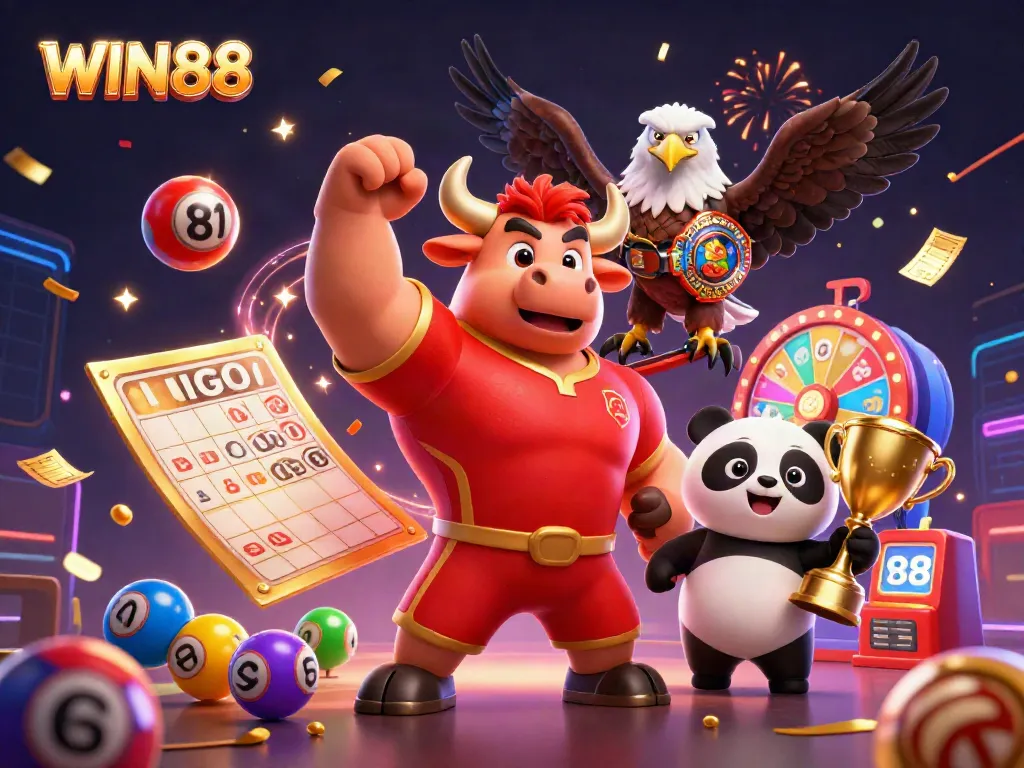 Experience the excitement of WIN88 with a vibrant casino illustration featuring a victorious bull, eagle, and panda.