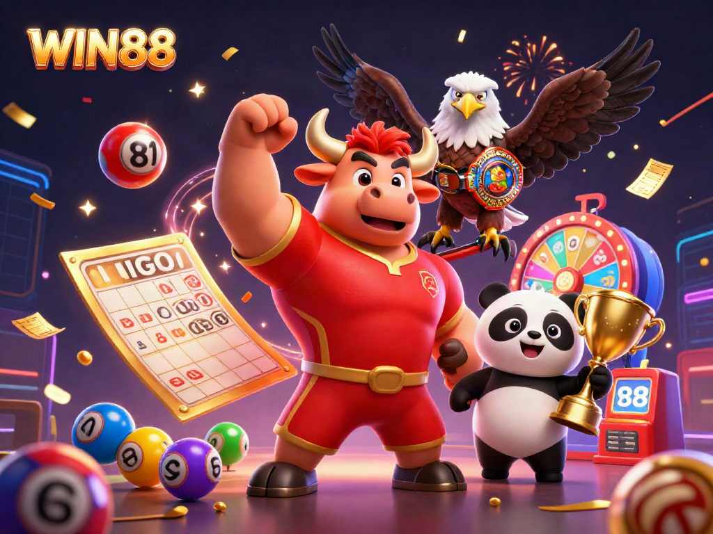 Experience the excitement of WIN88 with a vibrant casino illustration featuring a victorious bull, eagle, and panda.