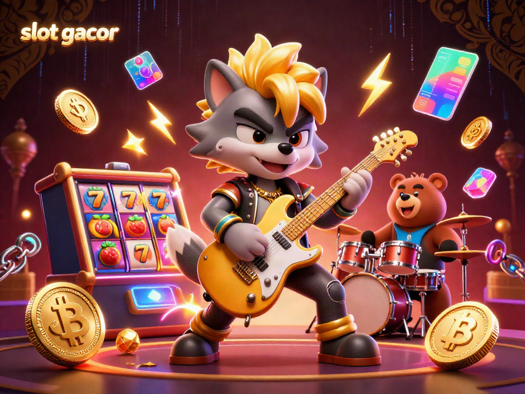 Experience vibrant slot gacor action with a rock star wolf and drummer bear in a dazzling casino setting.
