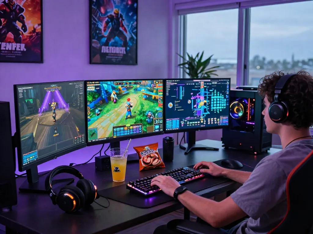 Pengguna menikmati permainan kanjengslot di meja gaming modern dengan peralatan canggih.