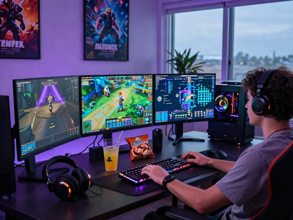 Pengguna menikmati permainan kanjengslot di meja gaming modern dengan peralatan canggih.