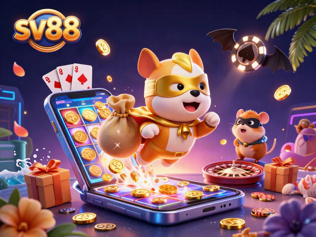Experience SV88's vibrant casino universe with a superhero dog and hamster, symbolizing thrilling wins!