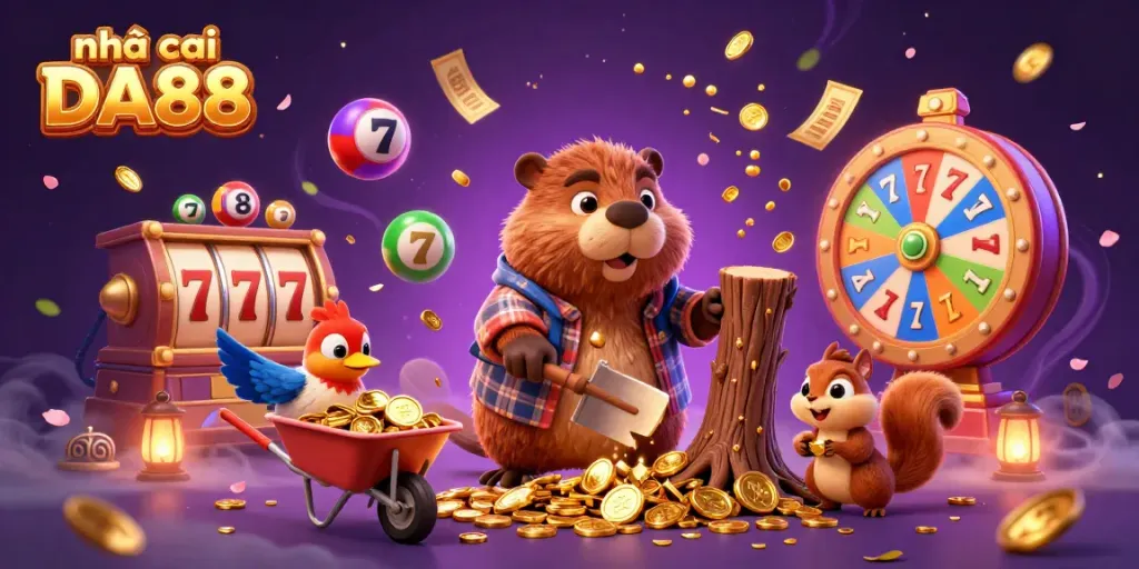 Experience the excitement of nhà cái DA88 with a vibrant illustration of a beaver and friends collecting golden coins and gaming elements.