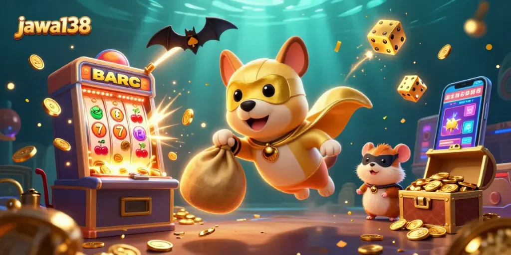 Experience thrilling wins with jawa138 in this vibrant casino adventure illustration showcasing slots and jackpots.