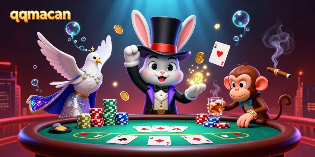 Engage with the magical world of qqmacan as a rabbit conjures coins, in this vibrant casino scene.