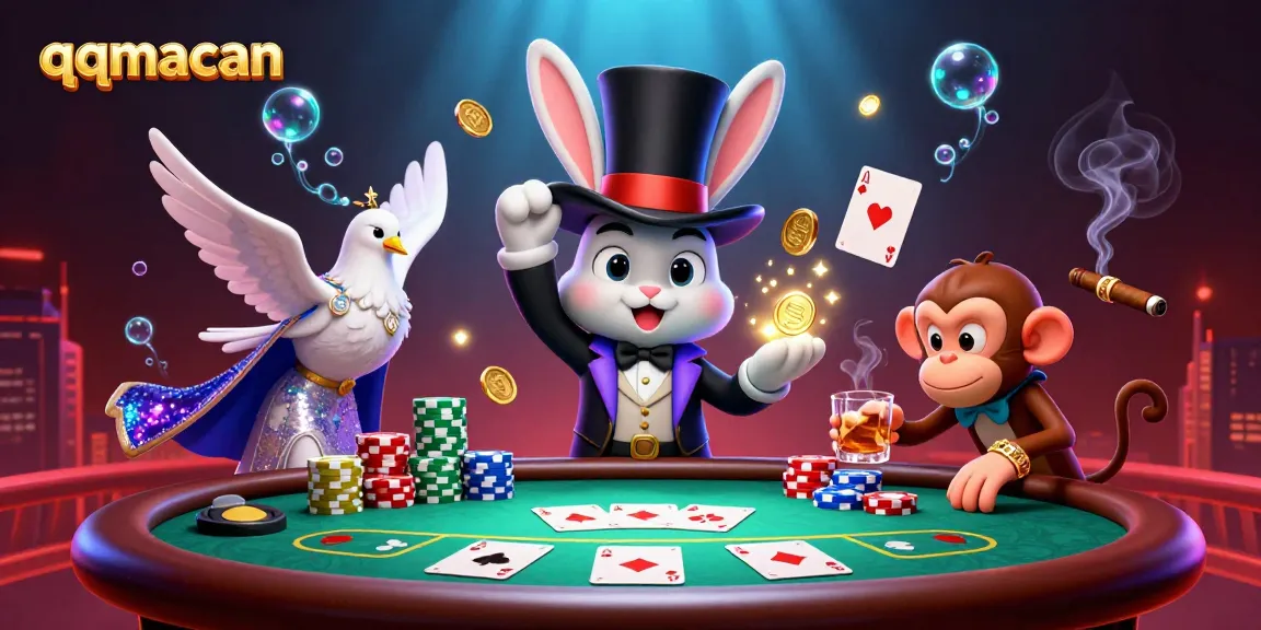 Engage with the magical world of qqmacan as a rabbit conjures coins, in this vibrant casino scene.