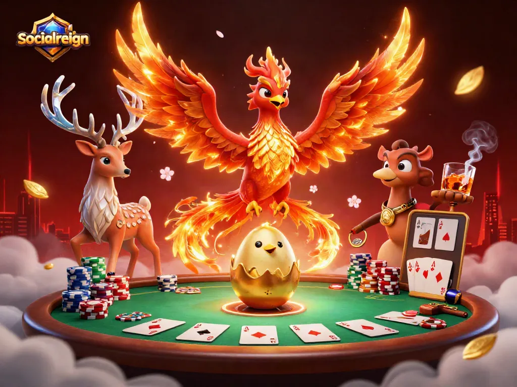 Engage in poker strategies with socialreign's dynamic casino illustration featuring vibrant phoenix and gaming elements.