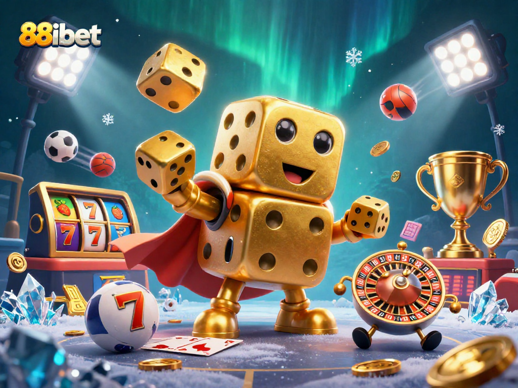 Engage with 88ibet's vibrant casino scene showcasing golden dice, slots, sports balls, and immersive gaming elements.