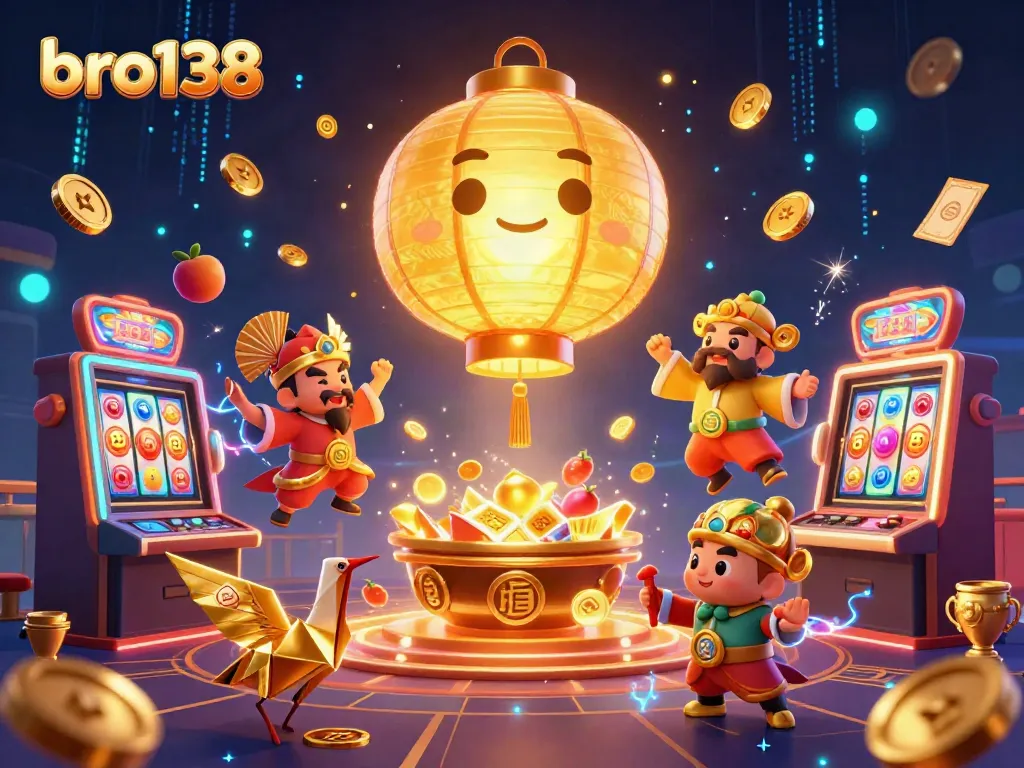 Experience thrilling gameplay at bro138 with golden lantern spirits and spinning slot reels in a vibrant casino scene.