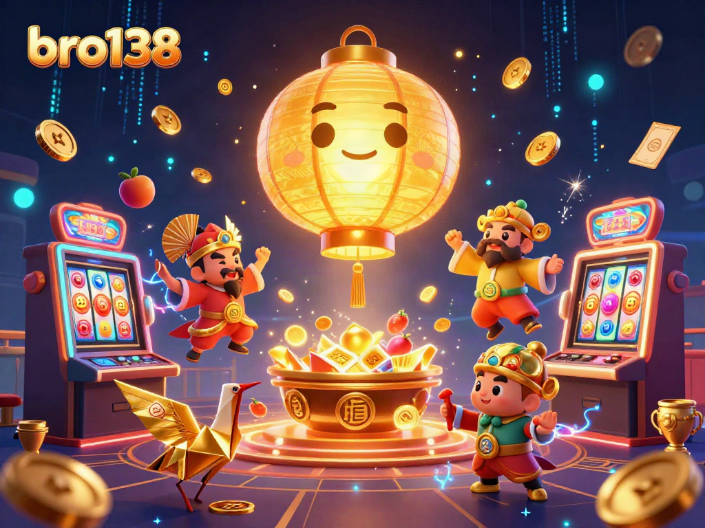 Experience thrilling gameplay at bro138 with golden lantern spirits and spinning slot reels in a vibrant casino scene.