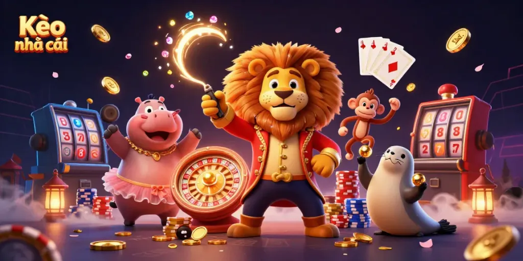 Experience the excitement of Kèo nhà cái with a vibrant circus-themed 3D illustration of casino elements.
