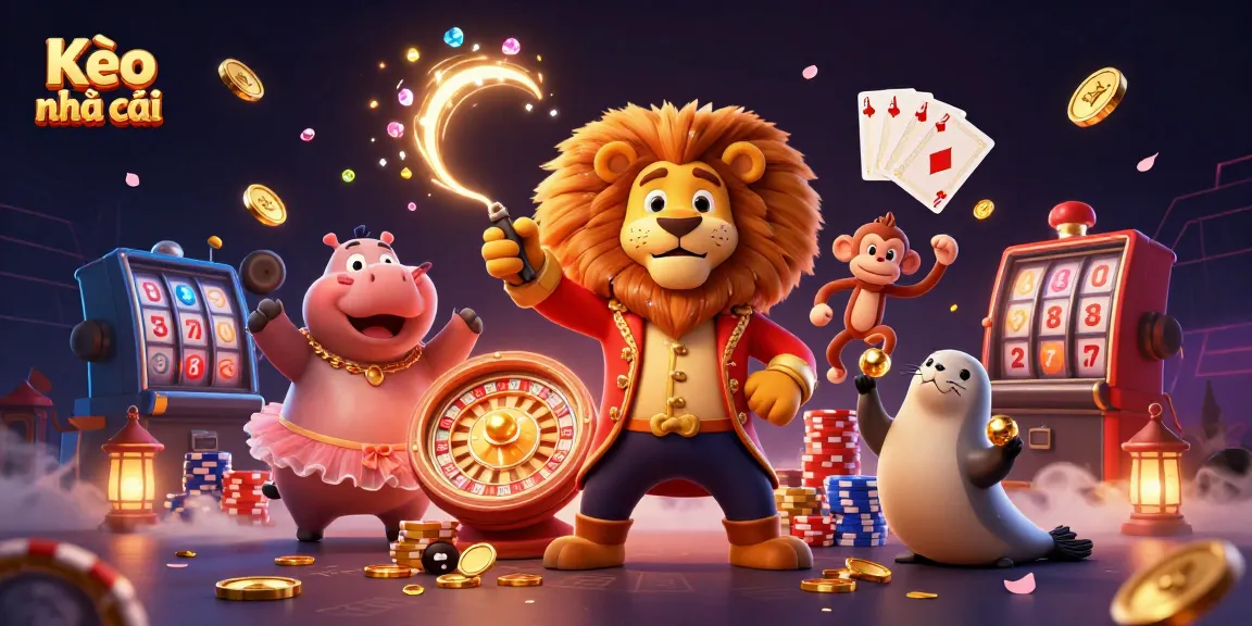 Experience the excitement of Kèo nhà cái with a vibrant circus-themed 3D illustration of casino elements.