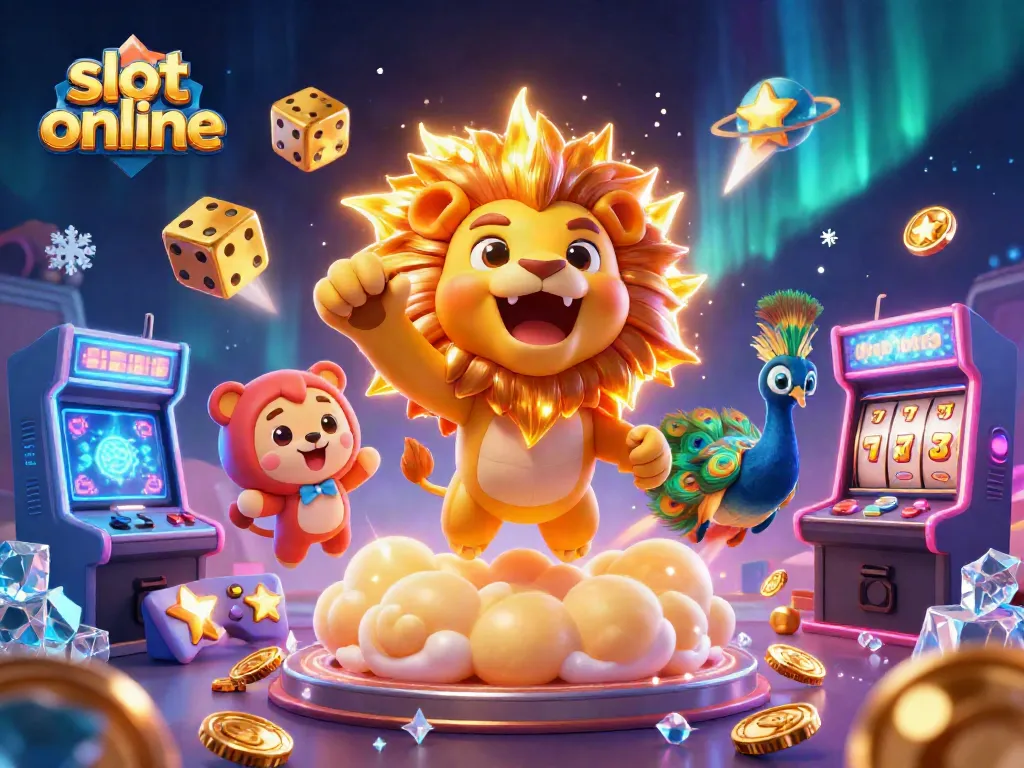 Menangkan slot online dengan menikmati permainan slot kreatif yang menampilkan singa kartun dan dadu emas.