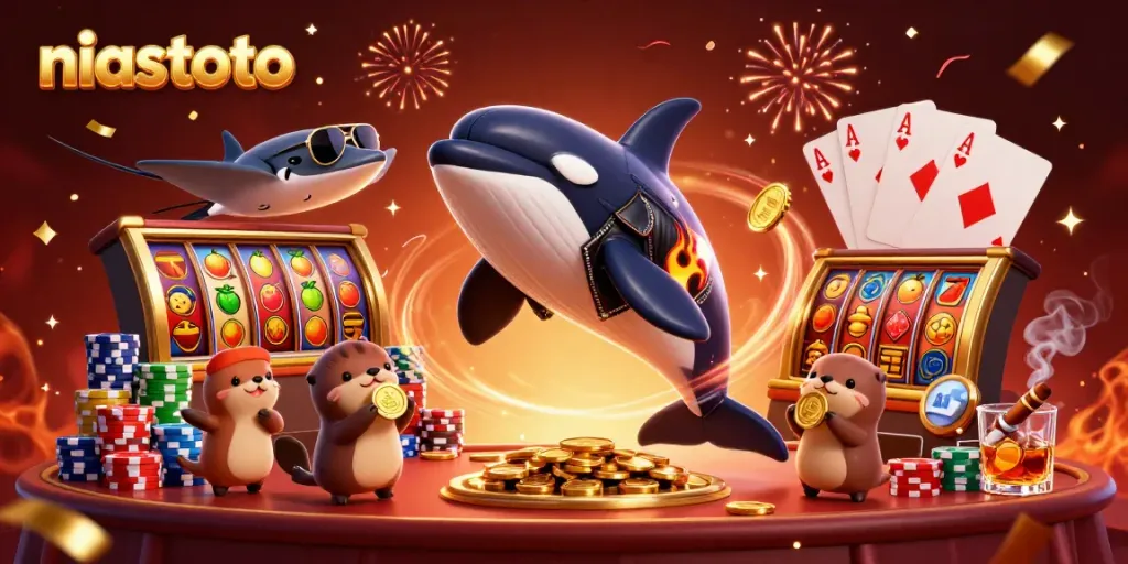 NIASTOTO showcases an exciting scene with legendary characters enjoying thrilling slot games amidst vibrant casino elements.
